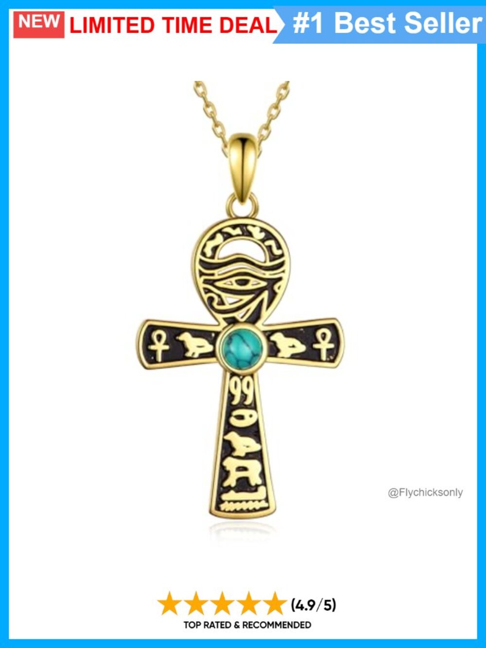 Ankh Eye of Horus Pendant Necklace 925 Sterling Silver 14k Gold Plated